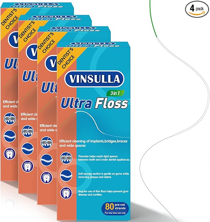 Dental Floss for Braces, Floss Threaders for Bridges and Implants, PTFE & PFAS Free Floss, 80 Pre-Cut Strands (Pack of 4)