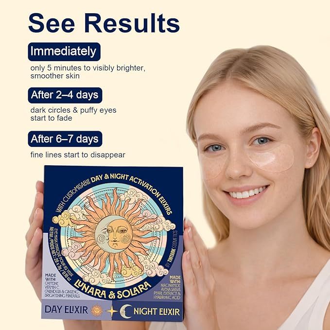 Lunara Under Eye Patches 28 Pairs, 5-Min Energizing Hydrogel Eye Masks with Caffeine Vitamin C Peptides Niacinamide, Refreshing Tired Eye, Includes Two Bonus Eye Serums, Luxury Spa Gifts for Women