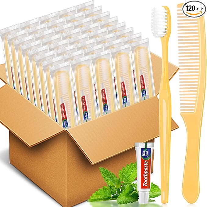 NICEMOVIC 120 Pack Disposable Toothbrushes Bulk with Toothpaste and Comb Travel Size Toothpaste Set Homeless Care Package Supplies Bulk for Individually Wrapped Disposable Travel Hotel Charity, Yellow