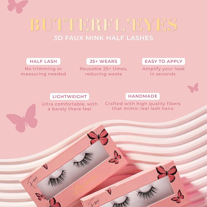 Lilly Lashes Butterfl'eyes Faux Mink Lashes, Half Lashes Natural Look & Feel, False & Reusable Eyelashes 20x, No Trimming + Easy to Apply, Round Style, Lash Glue not Included, 13mm (Fantasy)