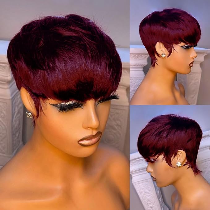 Short Bob Wig for Black Women Brazilian Virgin Human Hair Pixie Cut Wig Burgundy Red Colored Short Style full machine Made Wig with Bangs 150% Density None Lace front Wig 99J#