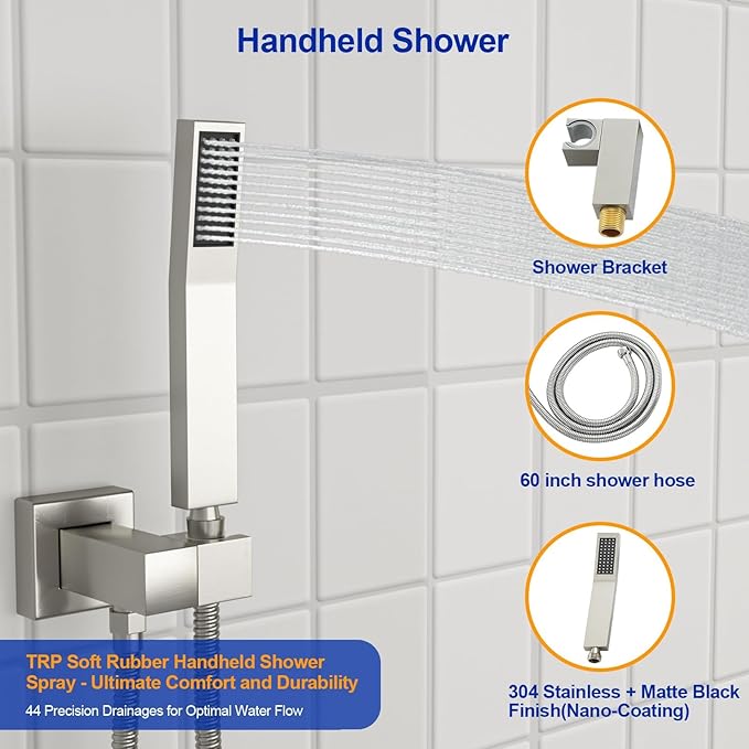 Dcolora 10 In. Rainfall Shower System with Handheld, Brushed Nickel Shower Faucet Set for Bathroom, Brass Valve, 304 Stainless Steel, Anti-Scald cUPC Certified (Brushed Nickel, 10 Inch)