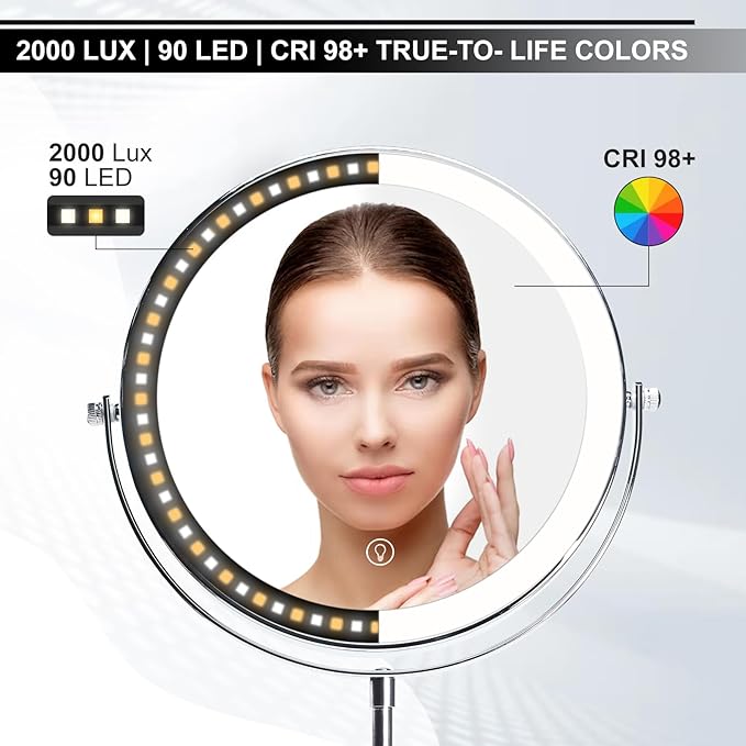 DANOPLUS Makeup Mirror with Lights, 9" Large Magnifying Mirror with 1X/10X, 360°Rotation Vanity Mirror, 3 Color Brightness Adjustable Light Up 5000mAh Rechargeable, Double-Sided, Gift for Women