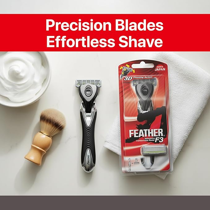 Feather - F3 Shaving Razor - Pivoting Head Shaving Razor with Wavy Guard and SiC Ceramic Coating - 3 Blade Shave Cartridge for Regular to Sensitive Face and Skin - Disposable Blades