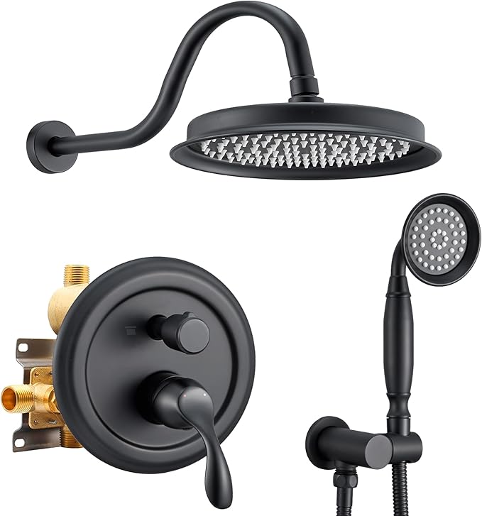 DASAN Matte Black Rain Shower System Antique Shower Faucet Complete Sets, Matte Black Shower Fixtures Combo with Pressure Balance Valve, Trim Kit, 9’’ Rainfall Overhead Shower & Handheld, AT209W-MB