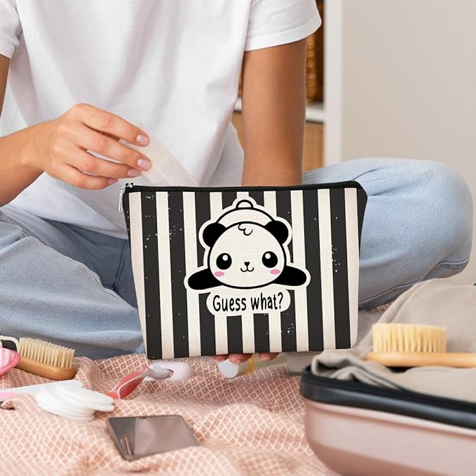 BARPERY Panda Gifts Makeup Bag for Women Girls - Cute Baby Panda 'Guess What It's Pug Butt' Cosmetic Case for Teens Daughter - Accessories (Black and White Stripe 1)