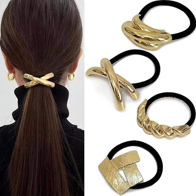 4PCS Golden Metal Hair Ties – No Damage Thick Band, High Elasticity, Durable, Stylish Golden Geometric Ponytail Holders Hair Accessories for Women