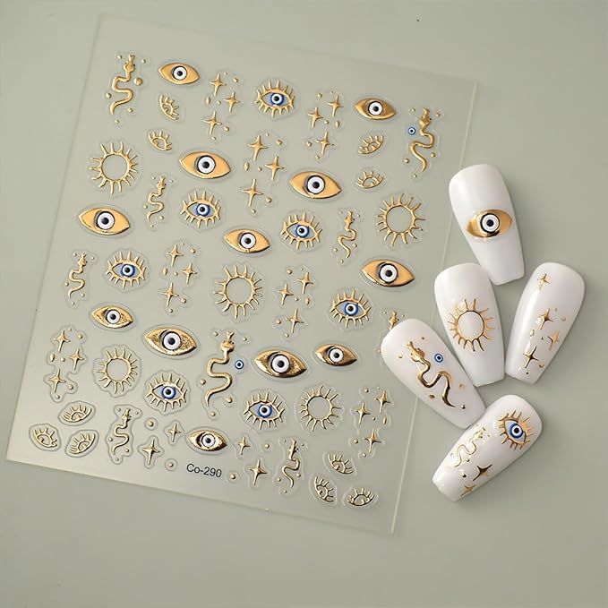 Gold Nail Art Stickers 5D Embossed Star Nail Decals for Nail Art Designs Gold Eyes Nail Stickers Decals Self Adhesive Star Moon Nails Supplies for Women Girls DIY Nail Decorations