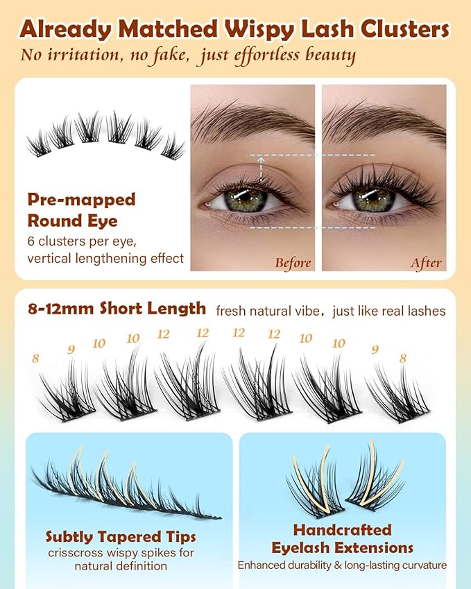 Wispy Lash Clusters 8-12mm Natural Eyelash Clusters 192PCS Individual Lashes Clusters Soft Cluster Eyelash Extensions C-Curly Cluster Lashes for Doll Eye Lash Extension for Beginners