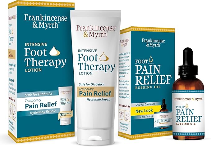Frankincense and Myrrh Foot Pain Combo Pack: Foot Pain Relief Rubbing Oil (2 oz) and Intensive Therapy Lotion for feet (3 oz), Neuropathy, Nerve Relief, Frankincense Essential Oil, Maximum Strength