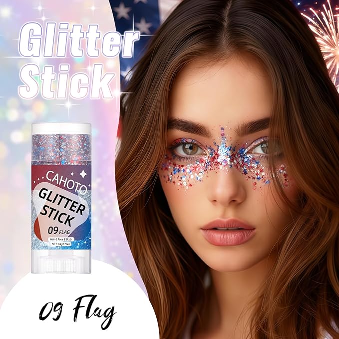 Flag Face Body & Hair Glitter Stick for Independence Day, 4th of July Red White Blue Glitter Gel for Women, Patriotic Pride USA Flag Sparkling Sequins for Memorial Day Festival Party, 0.56oz