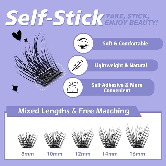 Self Adhesive Eyelashes 240 PCS Clusters Kit Lash Clusters DIY Eyelashes Pre Glued No Glue Needed No Remover No residue 8-16mm Thick Individual Lashes