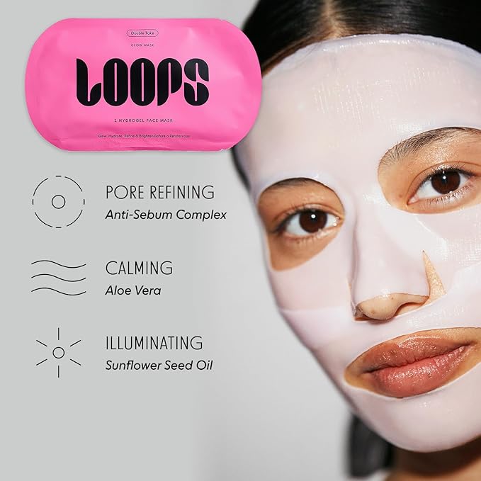 LOOPS DOUBLE TAKE - Glow Hydrogel Korean Face Mask - Calms & Soothes Skin’s Surface - Helps Refine Pores Glowing and Luminous - For All Skin Types - 5 pc