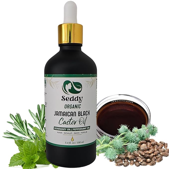 Seddy Organic Jamaican Black Castor Oil with Rosemary & Peppermint – Cold-Pressed, Hexane-Free Hair Growth & Scalp Treatment Oil for Thicker, Stronger Hair, Edges & Beard – 3.4 fl oz