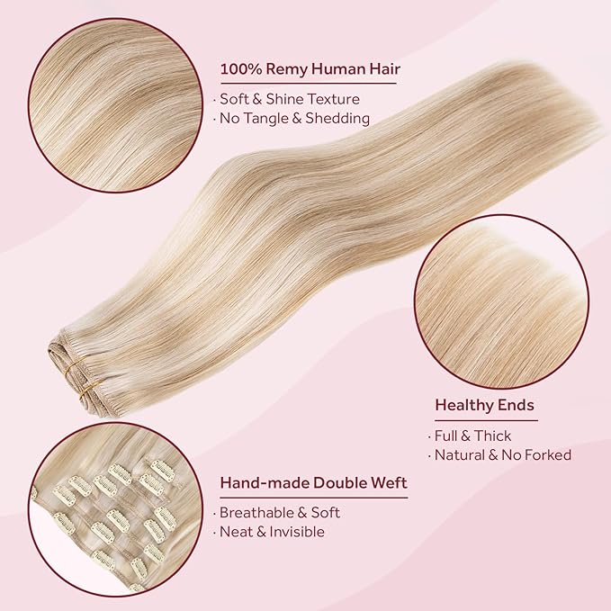 Clip in Hair Extensions Real Human Hair, 100% Remy Hair Extensions Clip Ins, Dark Blonde Highlighted Bleach Blonde Hair Extension for Women, #P18A/613A 18Inch 120G 7PCS