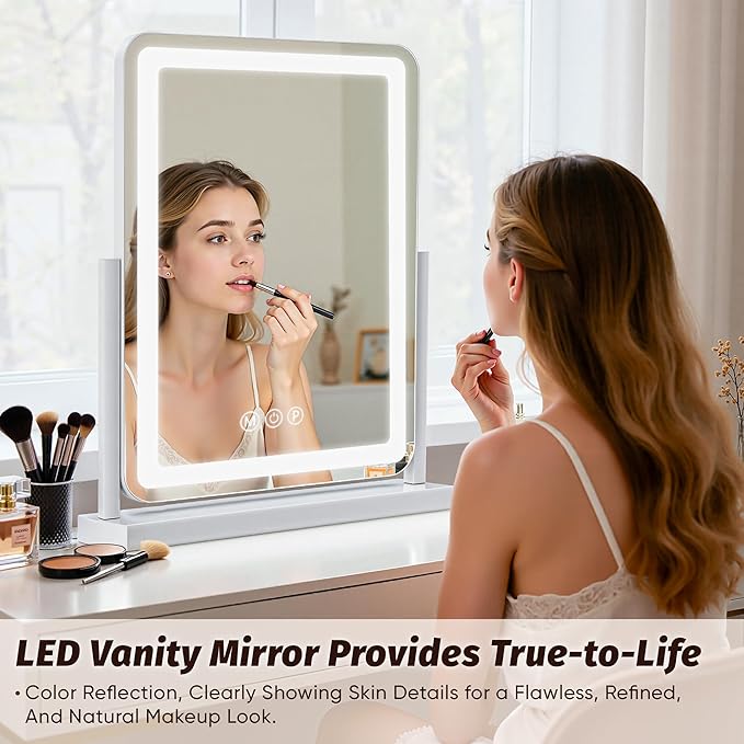 Vanity Mirror with Lights, 18"x14" Hollywood Lighted Makeup Mirror for Tabletop & Bedroom 3 Color Lighting Modes Smart Touch Control 360° Rotation Detachable