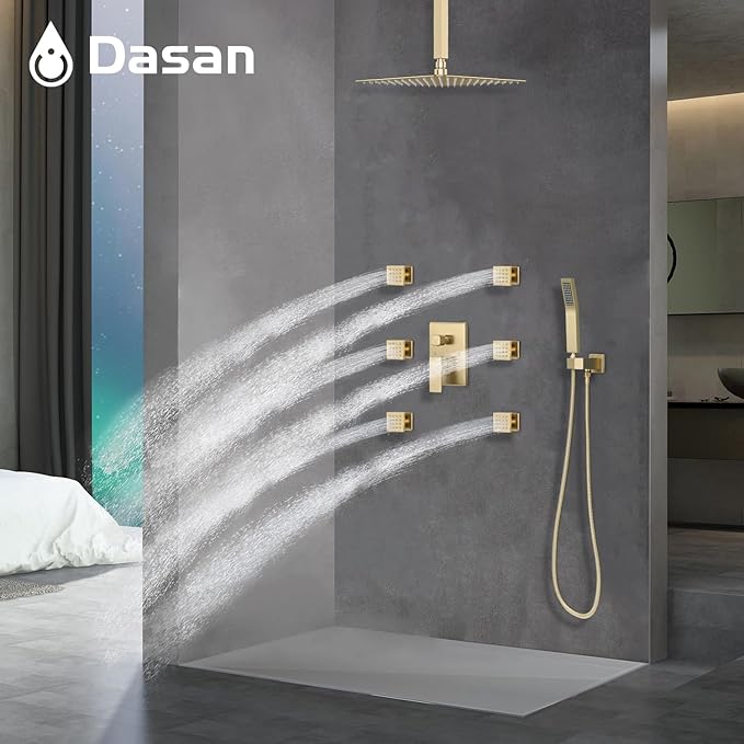 DASAN Full Body Shower System with 6 PCS Body Spray Jets & 12'' Rain Shower Head & Handheld, Ceiling Mount Rain Shower System Brushed Gold Shower Faucets Sets Complete with Valve, SA-SS03ABG-S12C