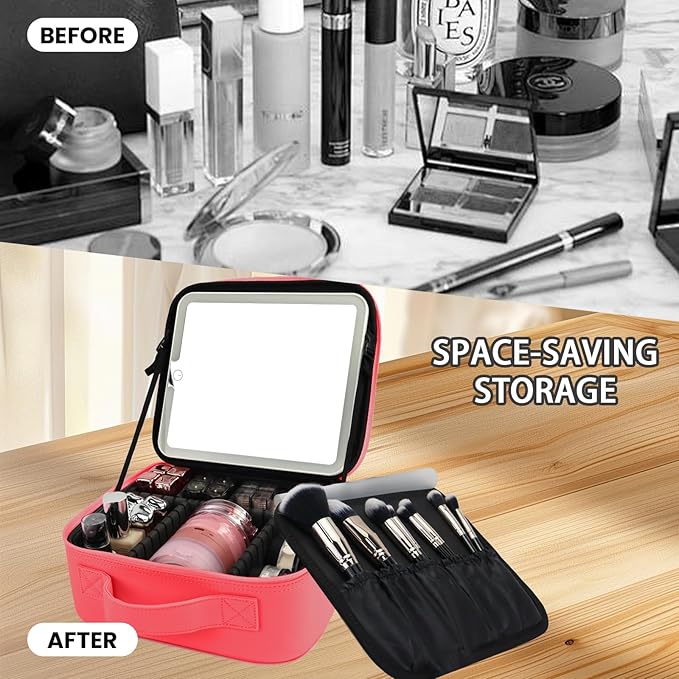 SUILU Travel Makeup Bag with LED Mirror and Light Makeup Travel Bag Organizer Portable Cosmetic Brush Organizer Bag with Adjustable Dividers for Cosmetics Makeup Brushes Toiletry (Light Red)