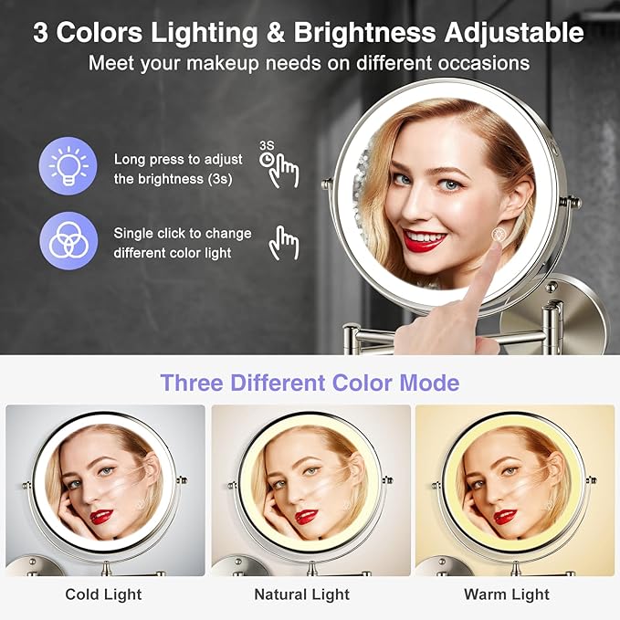 Magnifying Mirror with Lights 1X/20X: 8.5" Double Sided 2000mAh Rechargeable Wall Mounted Lighted Makeup Mirror for Bathroom, Brushed Nickel