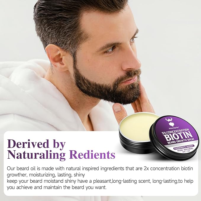 Beard Balm，5% Concentration Biotin Beard Balm for Men (2 oz) - Natural Mens Beard Oil with Castor Oil，Argan Oil, Jojoba Oil and Vitamin,Thickening for Beard，Beard Growth Softener