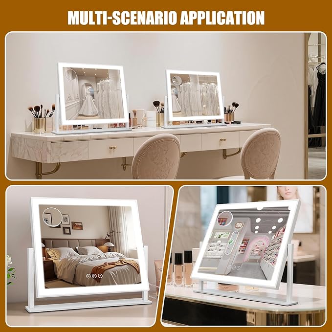 Vanity Mirror with Lights 16.7"x14", LED Makeup Mirror, 3 Color Lighting Modes, 10X Magnification, Smart Touch Control, Dimmable, Aluminum Metal Frame, Lighted Up for Vanity Desk (White)