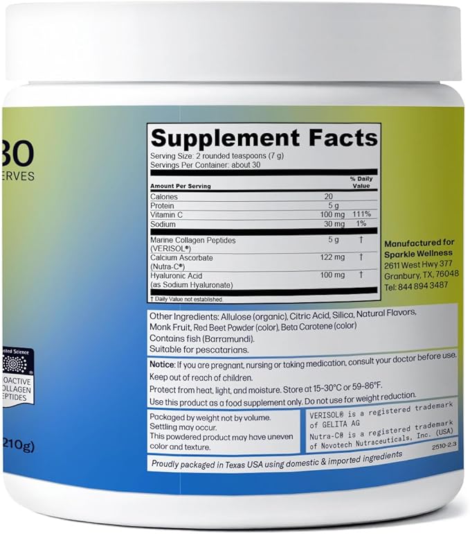 Sparkle Wellness Marine-derived VERISOL Bioactive Hydrolyzed Collagen Peptides | Collagen Powder Supplement with Vitamin C & Hyaluronic Acid | Marine Skin Boost Plus (Peach) [30-Serves]