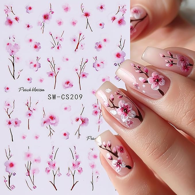 6 Sheets Flowers Nail Art Stickers Decals 3D Self Adhesive Nail Design Stickers Pink Blue White Spring Peach Blossom Flower Daisy Nail Decals for Women Girls DIY Manicure Tip Flowers Nail Decoration