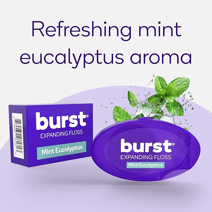 BURST Travel Expanding Dental Floss (12 Pack, 5.5 Yards Each) | Mini Mint Eucalyptus Tooth Floss for On-The-Go | Stain Absorbing, Xylitol-Coated, Vegan | Paraben Free Expanding Floss