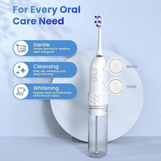 UNINGOPI Portable Electric Toothbrush with Water flosser, 2 in 1 Teeth Cleaning Kit, Electricc, Toothbrush and Water flosser Combo, Travel Toothbrush with Water Bottle(White)
