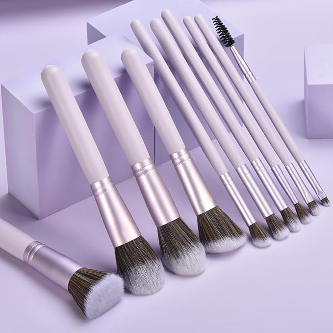 YJ-Anyue 10 Piece Purple Makeup Brushes - Wooden Handle with Soft Synthetic Bristles,for Face & Eye Makeup|Professional Makeup Brushes set for Women & Girls|
