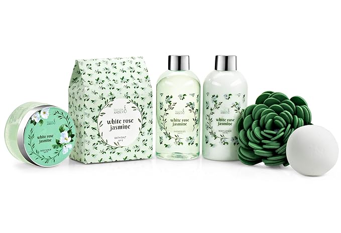 Deluxe White Rose Jasmine Spa Basket Home Spa Set with Shower Gel, Body Lotion, Bath Salts, Body Scrub, Bath Bomb and Bath Puff in Wooden Curio