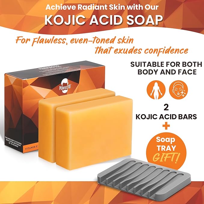 Perfecto Kojic Acid Soap Bar for Hyperpigmentation - All-Natural Kojic Acid Turmeric Bars - Can Reduce Dark Spots - Skin Soap with Vitamin C, Retinol, Collagen -100g x 2 Bars