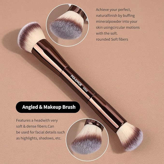 MAANGE Makeup Brush Set 10 Pcs Travel Makeup Brushes Double-ended Kabuki Brush for Foundation Powder Concealers Eye Shadows Makeup Tools Set with LED Light Mirror (Coffee Brown)