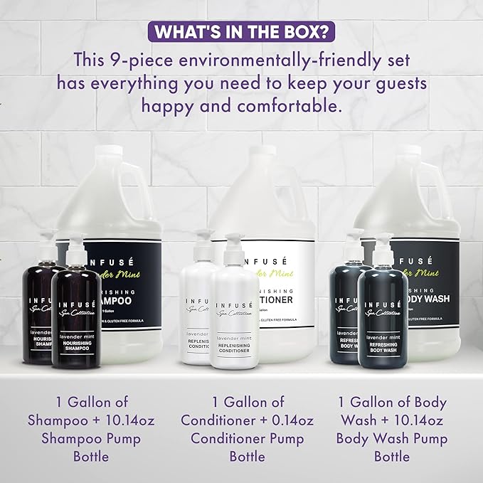 Infuse Lavender Mint Gallon & Dispenser Set | 1-Shoppe Amenities Kit | Shampoo, Conditioner, Body Wash | Refillable 10.14 oz Pump Bottles