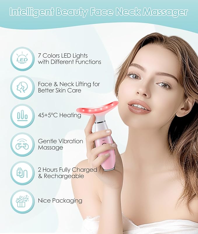 ELISHINE 7 Color Neck Face Massager - Facial Massager Tool for Skin Care at Home, Vibrating Face Massager with Thermals, Pink