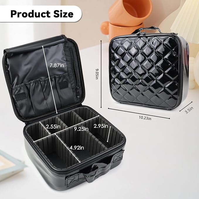 SLUMAZI Travel Makeup Bag Makeup Cosmetic Train Case Organizer Portable Storage Bag with Adjustable Dividers for Cosmetics Makeup Brushes Toiletry Jewelry Black Laser Grid Pattern