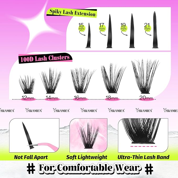 Yawamica 100D Volume Lash Clusters 12-20mm with Spike Individual Lashes 15-21mm DIY Manga Lashes Clusters Wispy Eyelash Clusters D Curly Cluster Eyelash Extensions Fairy Cluster Eyelashes 280pcs