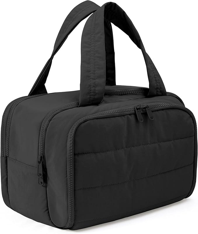 BUZFOWU Travel Toiletry Bag for Women, Large Wide-open Puffy Cosmetic Makeup Bag with Wet-Dry Separation, Multi-Pocket Organizer with Carry Handle for Toiletries, Cosmetics, Essentials, Black