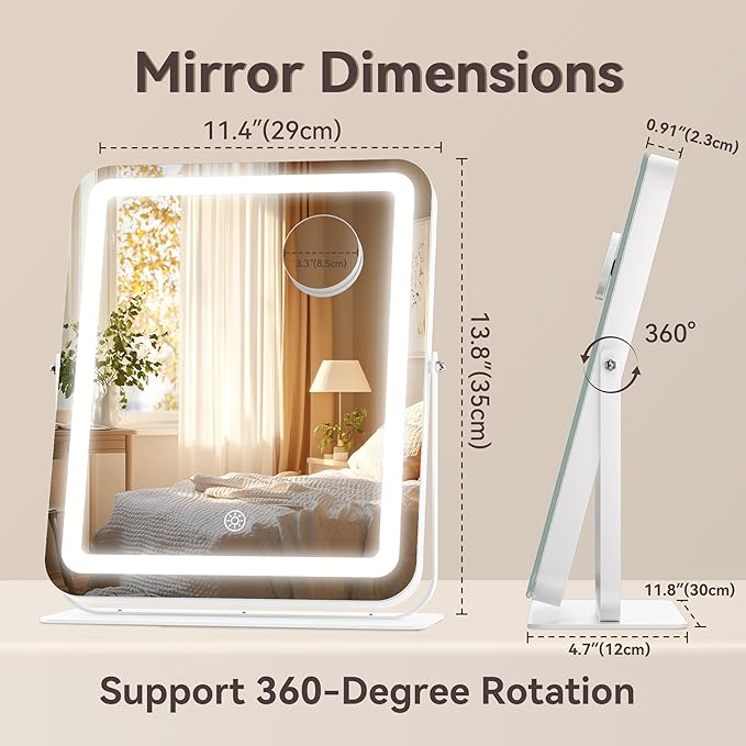 Hasipu Makeup Vanity Mirror with Lights, 12" L x 14" W LED Tabletop Make up Mirror for Desk, Lighting & Brightness Adjustment, 360°Rotation, 10x Magnification