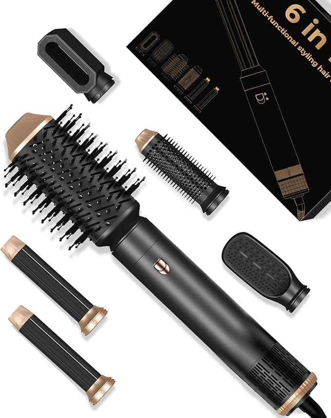 Blow Dryer Brush 6 in ONE, Curling Wand Hair Styling Tools Set, Ionic Hot Air Hair Dryer, Massage Oval Hair Dryer, Left&Right Hair Curlers 100-120V (White)