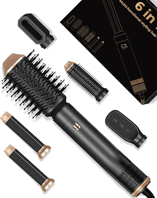 Blow Dryer Brush 6 in ONE, Curling Wand Hair Styling Tools Set, Ionic Hot Air Hair Dryer, Massage Oval Hair Dryer, Left&Right Hair Curlers 100-120V (White)