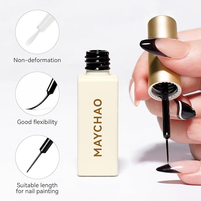 MAYCHAO 2Pcs Black White Gel Liner Nail Art Set 3D Effect Gel Nail Polish 8ml Build in Thin Brush Metal Painted Drawing Stripper Nail Varnish Curing Requires for Home Salon