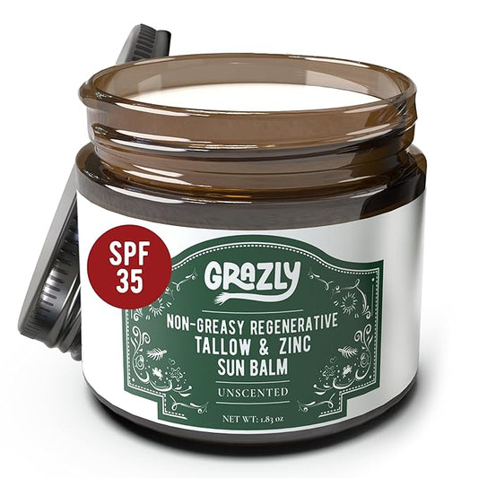 Grazly Beef Tallow Sunscreen SPF 35 – Unscented Water Resistant Zinc Sun Balm, Non-Greasy Natural Sunscreen for Face & Body – 4 Natural Ingredients: Non-Nano Zinc, Organic Coconut Oil, Beeswax- 1.8 oz