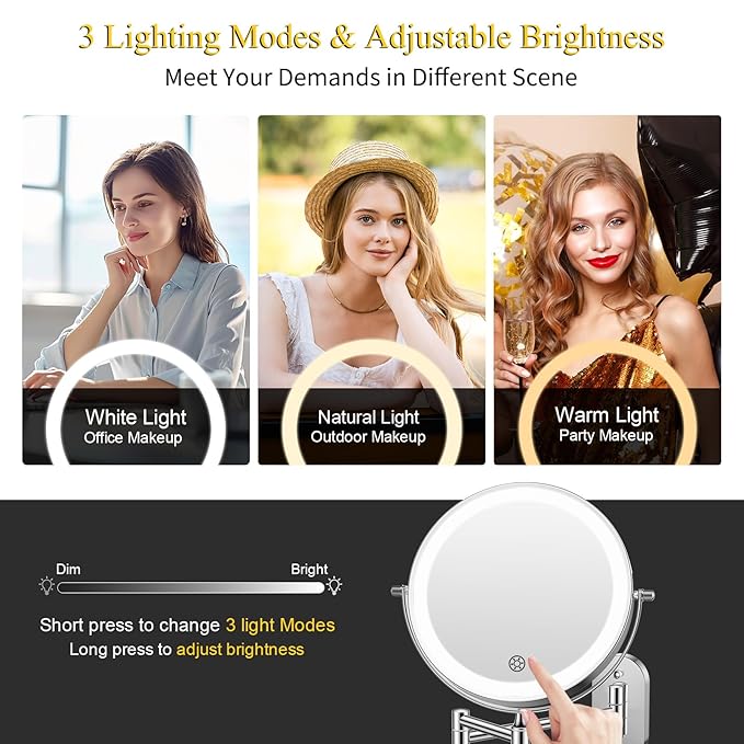 FUNTOUCH Rechargeable Wall Mounted Makeup Mirror with Lights,5000mAh Double Sided 3X/20X Magnifying,3 Color Lights,Touch Dimmable, Extended Arm 360 Rotation Lighted Bathroom Mirror with Magnification