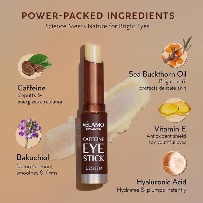 VELAMO ADVANCED Caffeine Eye Stick: Energizing & Hydrating Under Eye Balm for Dark Circles & Puffiness - Travel Essentials, Portable & Perfect for On-the-go Use, 0.1 OZ/3g