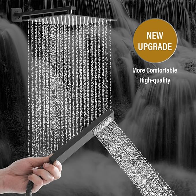 annazom Rainfall Shower System Matte Black Shower Faucet Set with High Pressure 12inch Shower Head Hand Held Square Shower Head Bathroom Luxury Rain Mixer Shower Complete Combo Set Wall Mounted