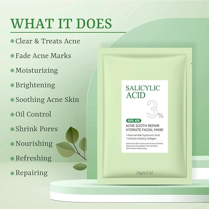 YTRAJU Anti Acne Face Mask Salicylic Acid Face Masks Skincare, Hydrating Face Masks, Soothing Facial Sheet Masks Skin Care for Acne Prone, Acne Mask for Pimple Breakouts Oil Control, 10 Pack