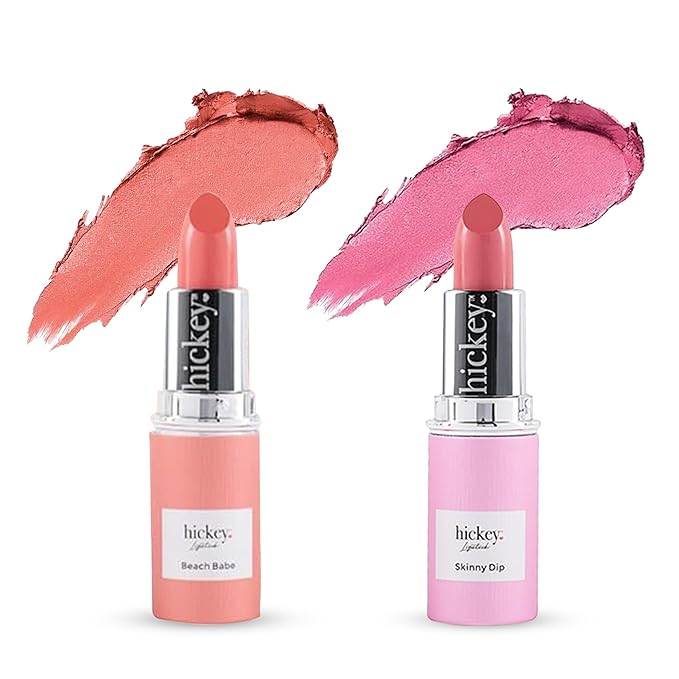 Hickey Lipstick Beach Babe and Skinny Dip Organic Long Lasting Lipstick Refills, Perfect Pink and Coral Colors, Set of 2