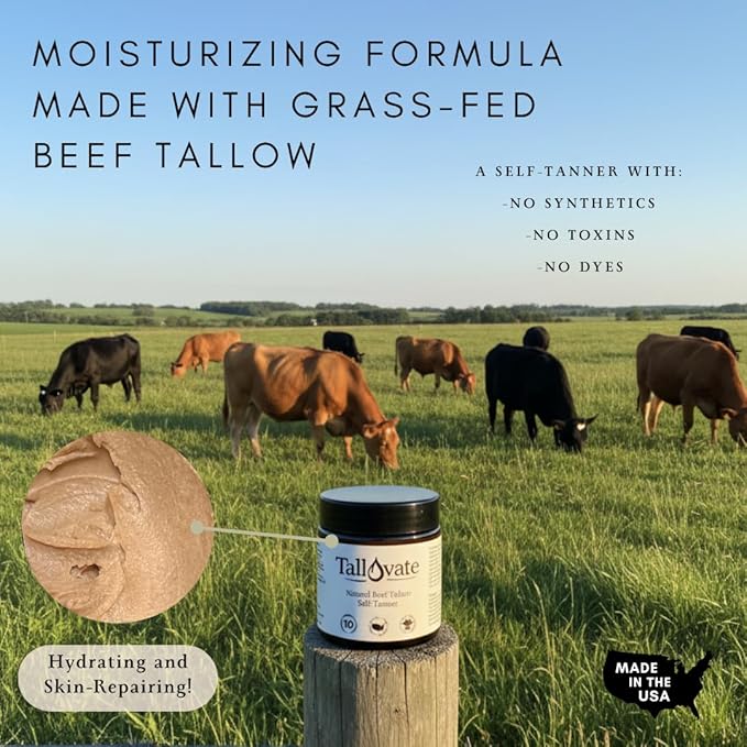 Natural Self Tanner with Beef Tallow – Quick Tan for Face & Body – Moisturizing, Non-Toxic, Olive Oil + Cocoa, Sunless Tanning – Browning Lotion – 4oz