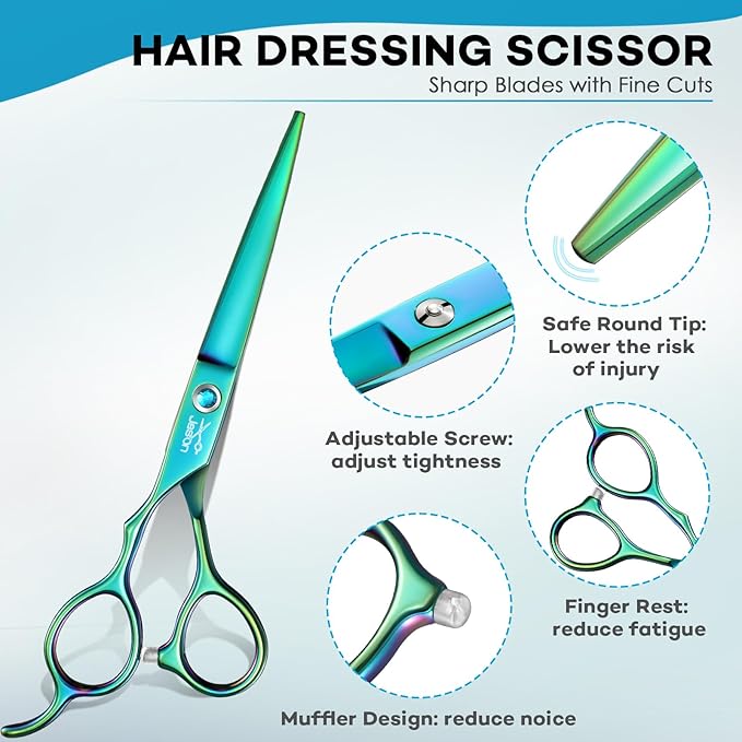 JASON Left Handed Hair Scissors - 10 Pcs Hair Scissors Set, 6 Inch Thinning Shears for Hairs Cutting with 28 Teeth, Straight Shear for Men & Women Professional Barber Set for Salon Home Green Style